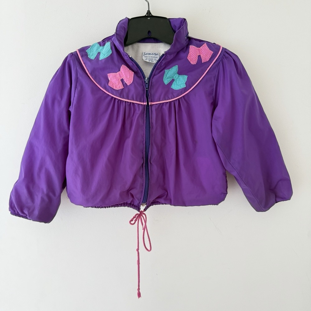 Vintage Samara Purple Kids Rain Jacket 6X Hooded Bow Applique Windbreaker - Picture 5 of 9